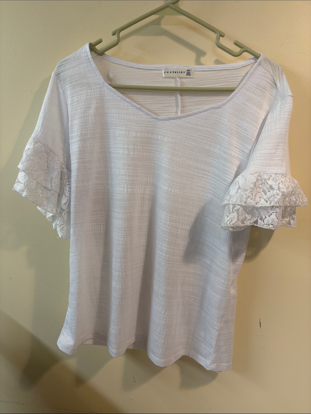 Women's White Short-Sleeve Tee with Lace Ruffle Sleeves